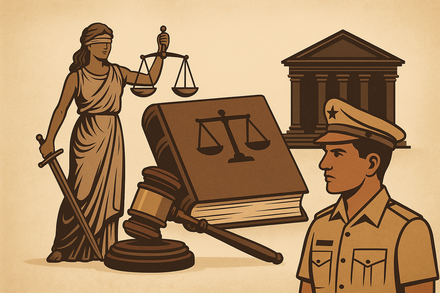 Digital illustration showing Lady Justice, legal books, and Indian police officer representing Patna High Court ruling on dismissal without inquiry.