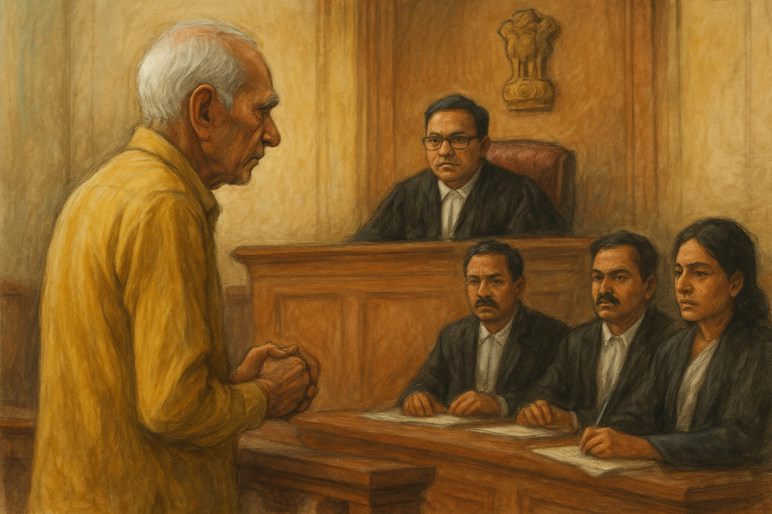 Indian courtroom illustration showing a retired employee before a judge in a Patna High Court pension dispute.