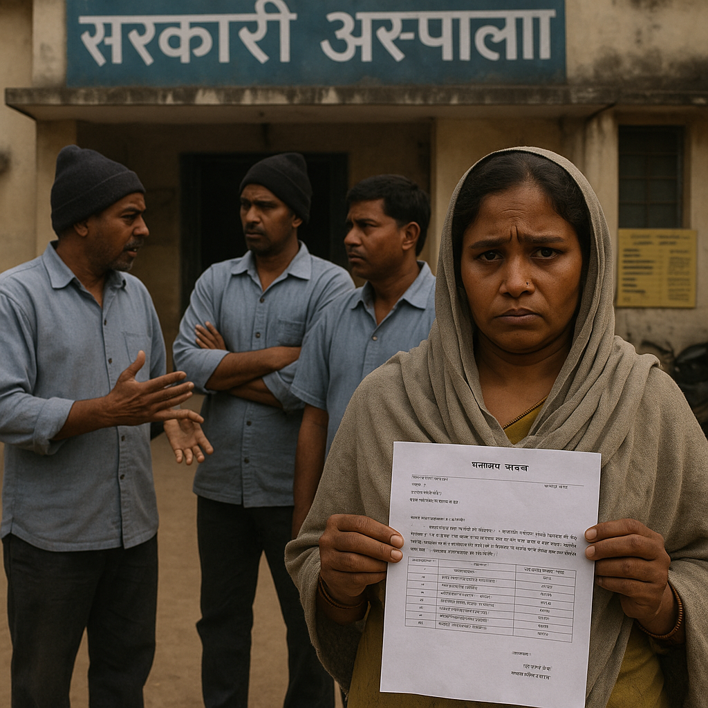 Indian government hospital staff scene showing contractual workers facing termination notice, symbolizing Patna High Court ruling on fairness in employment.
