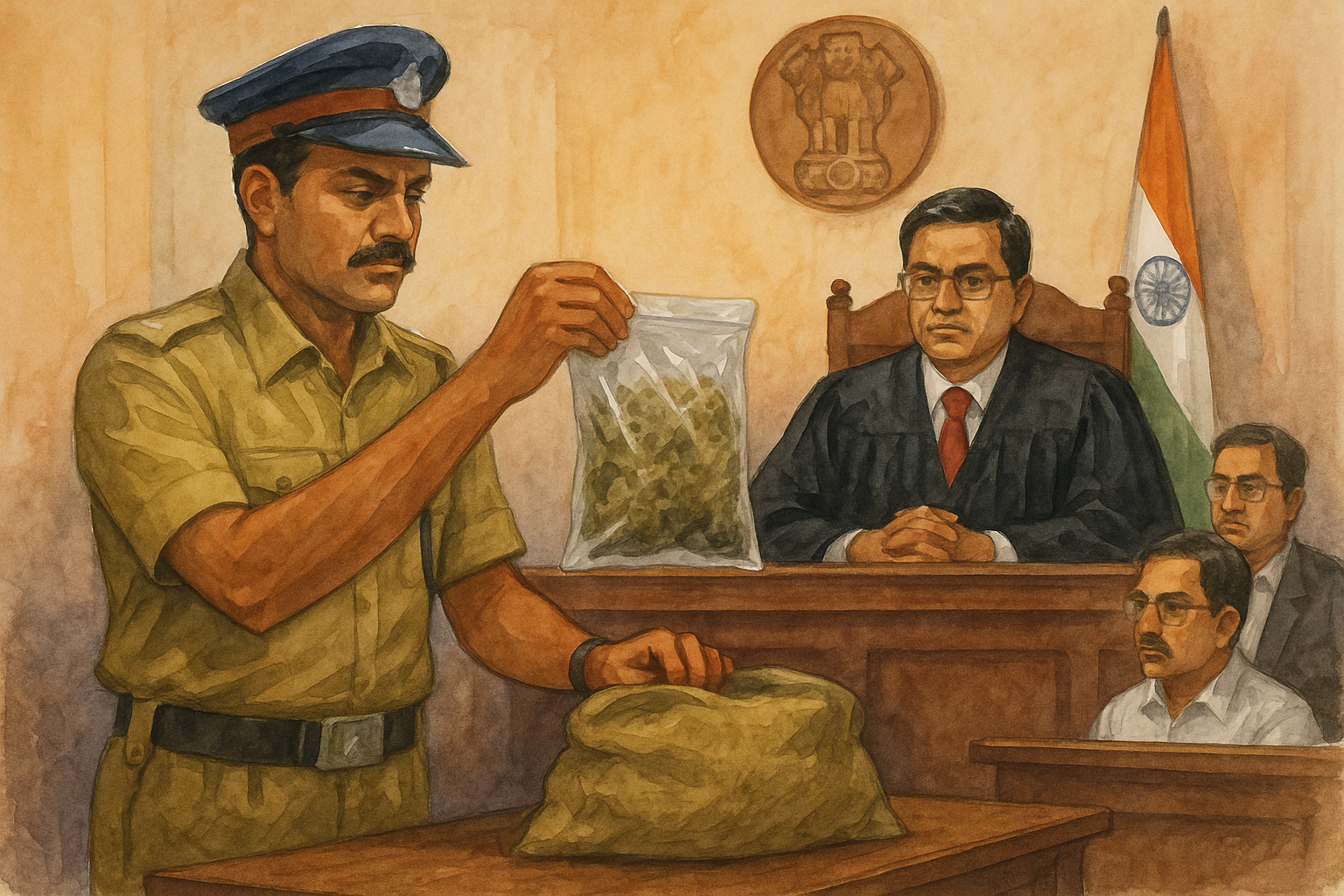 Courtroom illustration of NDPS case hearing in Patna High Court showing police presenting seized material before the judge.