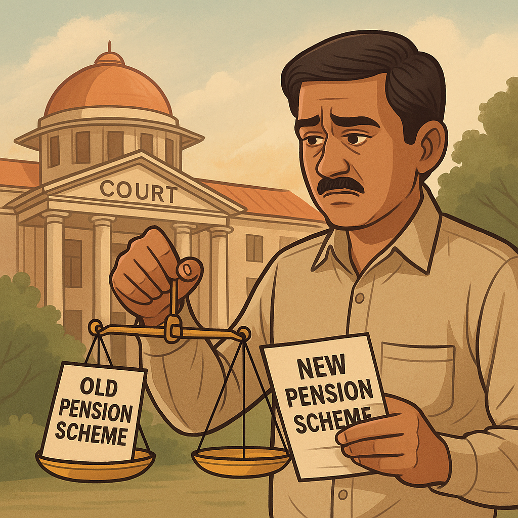 Court ke bahar ek sarkari karmchari purani aur nayi pension yojana ke beech nyay ki talaash mein dikhaya gaya hai.