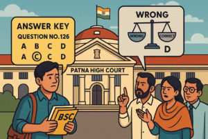 पटना उच्च न्यायालय का निर्णय: बीपीएससी के मॉडल उत्तर पर आपत्ति न करने वाले उम्मीदवार बाद में चुनौती नहीं दे सकते — 2021 Illustration of candidates outside Patna High Court discussing BPSC answer key dispute representing transparency in exam evaluation.