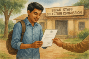 पटना उच्च न्यायालय का फैसला: लैब टेक्नीशियन भर्ती में उच्च शिक्षा (B.Sc.) को अंक देने का आदेश (2021) Watercolor illustration of a happy candidate receiving an official letter outside Bihar Staff Selection Commission office after Patna High Court decision.