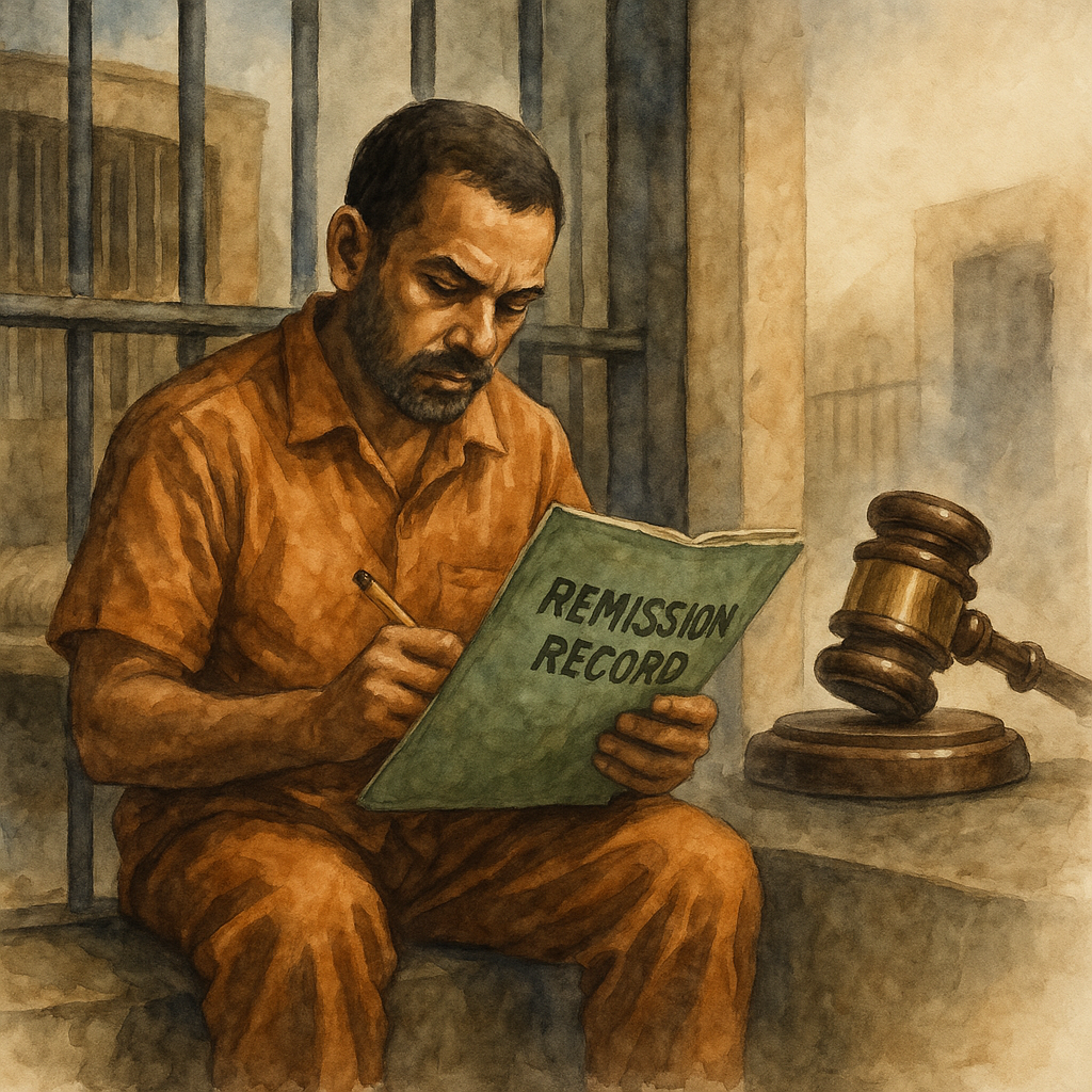 Watercolor illustration showing an Indian prisoner reviewing remission records inside a cell, symbolizing Patna High Court judgment on premature release rights.