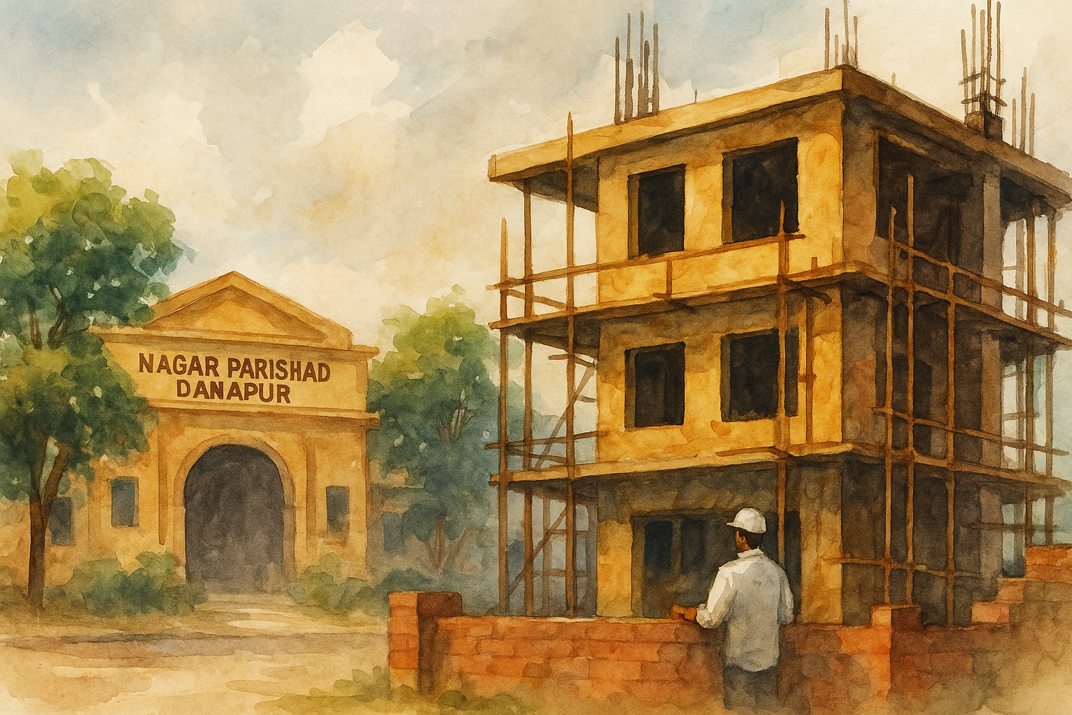 Watercolor illustration showing an under-construction building near Danapur Nagar Parishad, symbolizing Patna High Court ruling on municipal jurisdiction in land disputes