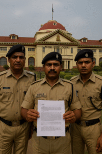 पटना उच्च न्यायालय का फैसला: बिहार मिलिट्री पुलिस कर्मियों से एसीपी लाभ की वसूली पर रोक — 2021 Three Bihar Military Police officers in khaki uniforms holding documents outside Patna High Court, symbolizing judgment on ACP recovery.