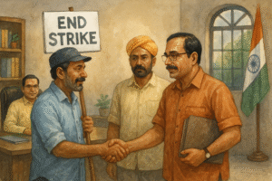 Patna High Court Records Calling Off of Employees’ Strike; Interlocutory Application Disposed (2022, Patna High Court) A watercolor illustration showing employees ending a strike after discussions in an Indian government office, symbolizing conflict resolution and court-led dialogue.