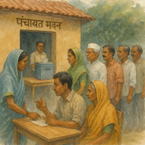 पटना उच्च न्यायालय : पंचायत चुनाव परिणाम पर रिट याचिका दायर करना असंवैधानिक – एकमात्र उपाय चुनाव याचिका (2021) A watercolor illustration showing villagers voting outside a rural Panchayat Bhavan in Bihar, symbolizing Patna High Court’s decision on Panchayat election writ petitions.