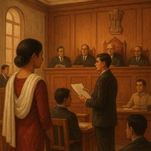 Patna High Court Upholds BPSC’s Cancellation of Judicial Service Candidates for Not Producing Original Documents (2021) Indian courtroom illustration showing judges and advocates during a judicial selection hearing at Patna High Court.