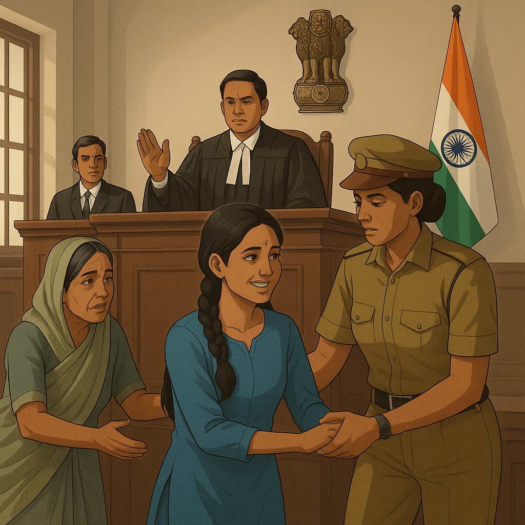Indian courtroom scene showing a young woman being released from observation home by order of Patna High Court under Juvenile Justice Act