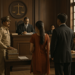Patna High Court Upholds FCI’s Decision to Scrap Tender for Road Works Due to Staff Shortage (2021) Indian courtroom illustration showing judges discussing FCI tender cancellation decision at Patna High Court.