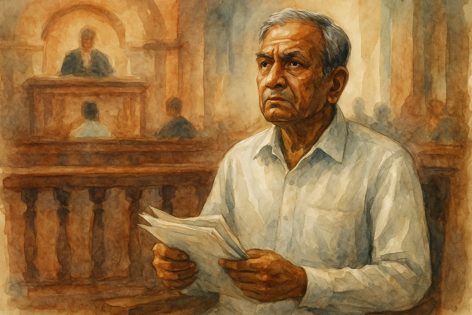 Watercolor illustration of retired government officer seeking justice in Patna High Court over withheld pension and gratuity.