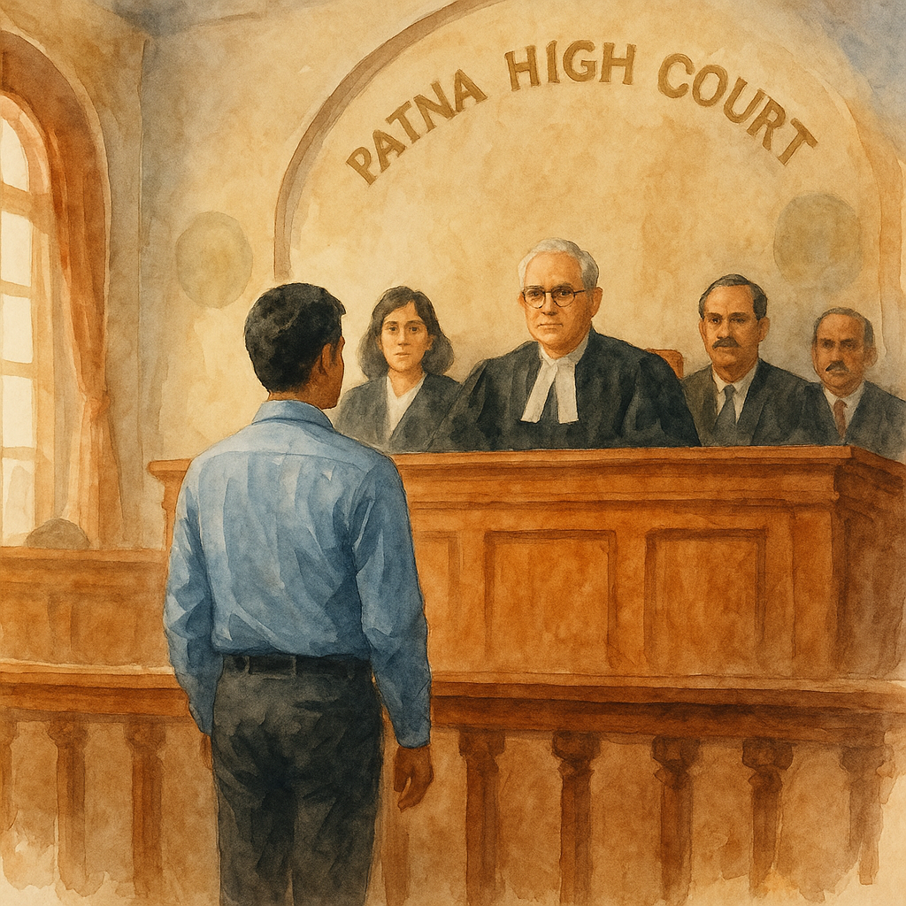 Watercolor courtroom illustration showing an employee winning case against illegal compulsory retirement at Patna High Court.
