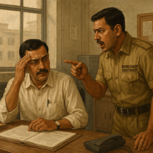 पटना उच्च न्यायालय का फैसला: पी.एम.एल.ए. के अंतर्गत संपत्ति जब्ती रद्द — “अपराध से प्राप्त संपत्ति नहीं थी” (2021) Realistic illustration of Enforcement Directorate officer disputing property attachment with a bank representative under PMLA in India.