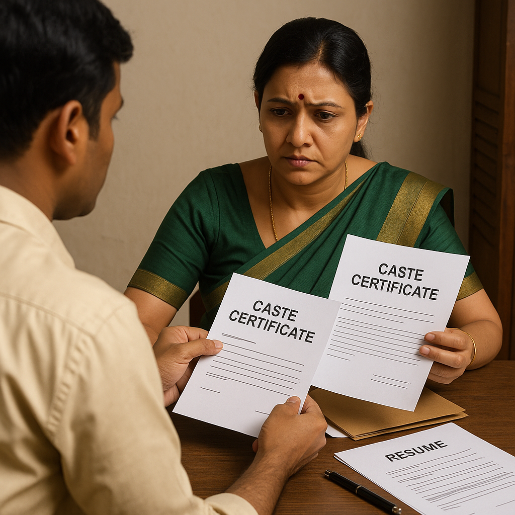 Government office illustration showing verification of fake caste certificate during recruitment by officials in India