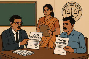 पटना हाईकोर्ट ने फर्जी जाति प्रमाणपत्र पर शिक्षक की नियुक्ति रद्द की — 2020 "Indian school recruitment scene symbolizing Patna High Court ruling on fake caste certificate and teacher appointment fraud"