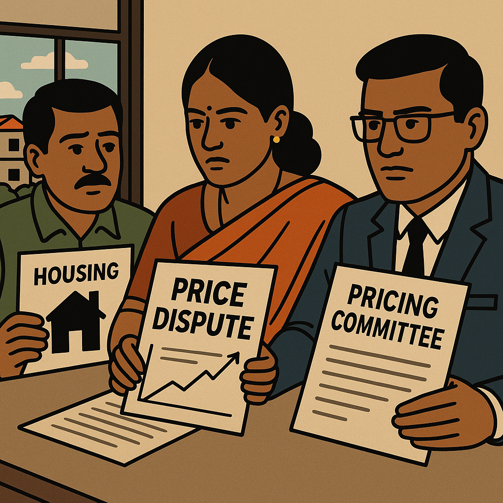 Illustration of Bihar residents discussing housing price dispute before the Pricing Committee as guided by Patna High Court.