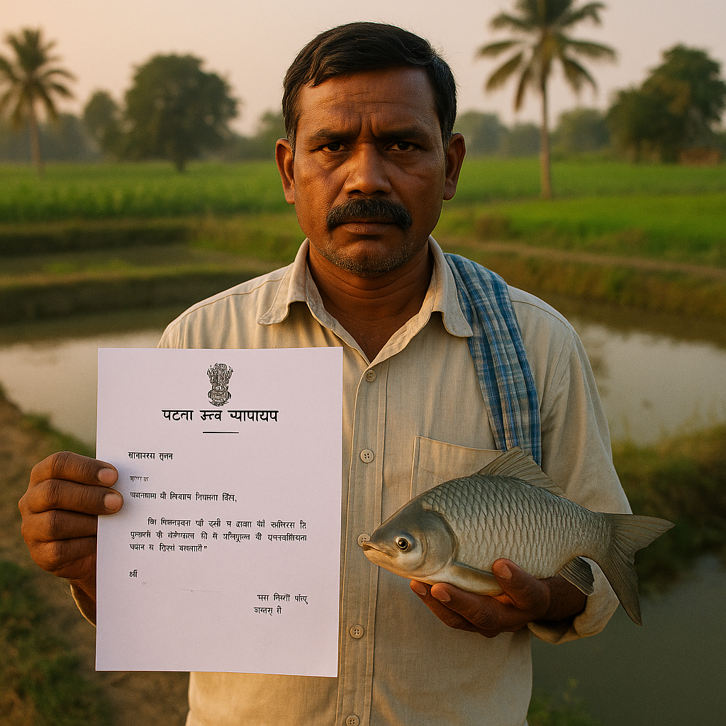 Rural fish farmer holding a fish and a court document symbolizing Patna High Court judgment on fisheries lease extension in Bihar.