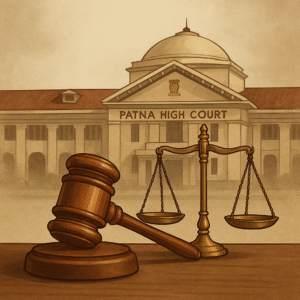 Digital illustration of Patna High Court building with gavel and scales of justice representing judgment on daily wage workers’ review case.