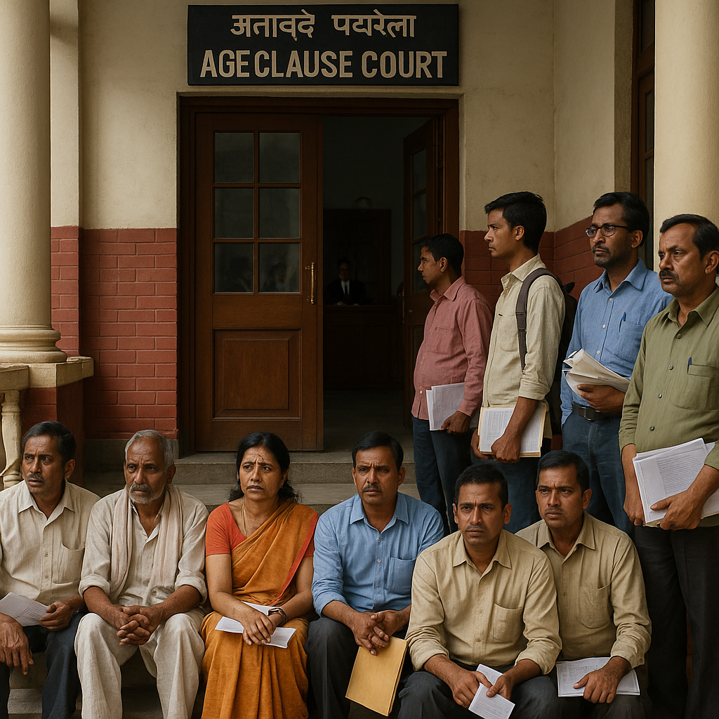Group of job applicants waiting outside an Indian court building in Bihar, symbolizing Patna High Court case on age relaxation and contempt appeal.