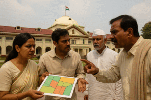 पटना उच्च न्यायालय का फैसला: पारिवारिक संपत्ति के बंटवारे के मुकदमे में नई संपत्तियों को जोड़ने की अनुमति – 2022 Indian family dispute over land outside Bihar court building symbolizing Patna High Court judgment on amendment in partition suit.