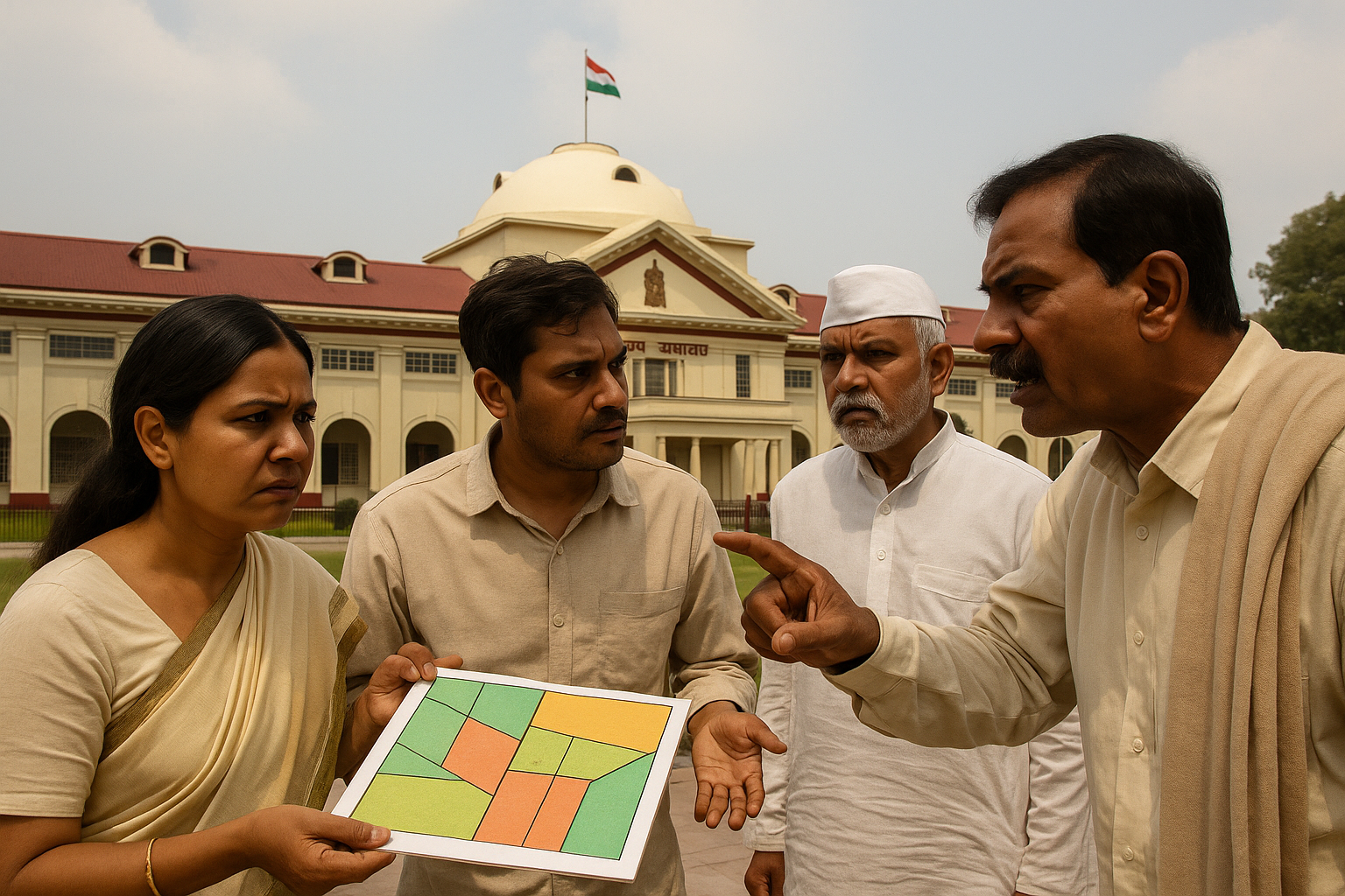 Indian family dispute over land outside Bihar court building symbolizing Patna High Court judgment on amendment in partition suit.