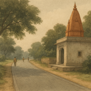 पटना उच्च न्यायालय द्वारा धार्मिक ट्रस्ट की भूमि पर बनी सार्वजनिक सड़क पर मुआवज़े के दावे पर फैसला (2022) A rural Indian temple near a public road illustrating a Patna High Court case about disputed religious land and compensation claim